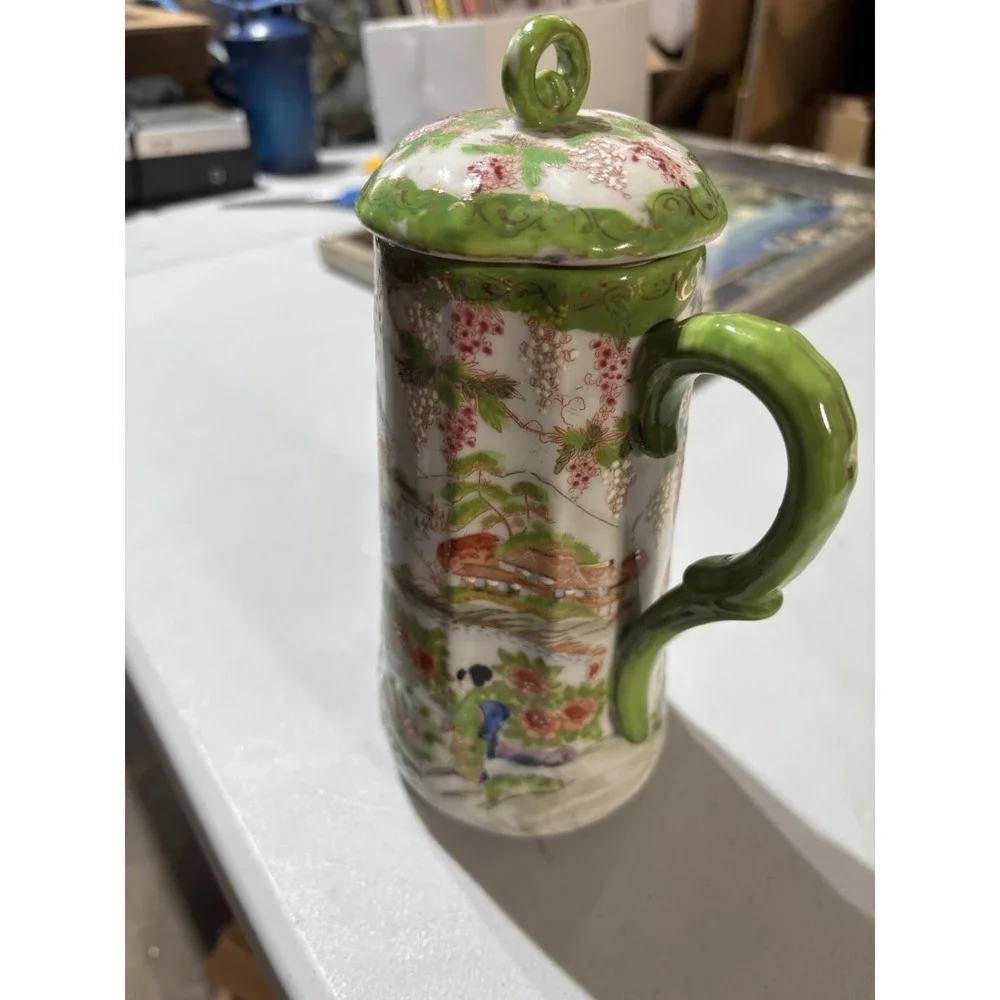 Japanese Geisha Chocolate‎ Pot Green Border Hand Painted Pitcher Teapot